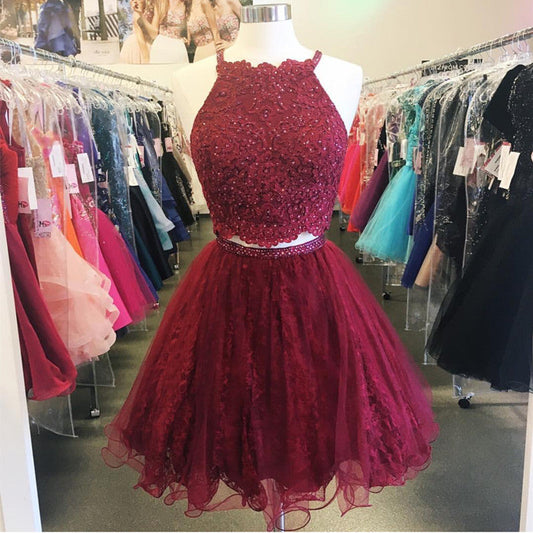 Burgundy Halter Sleeveless Appliques A Line Two Pieces Homecoming Dresses Elisabeth Lace Organza