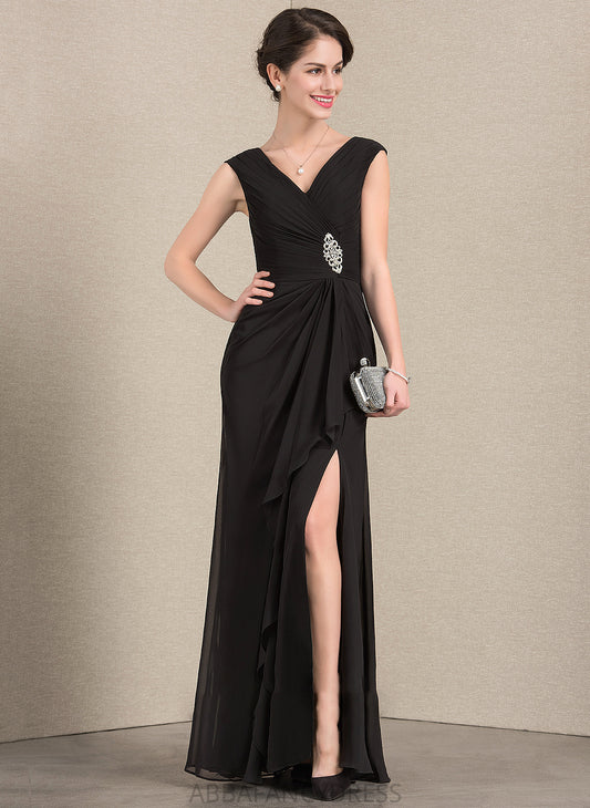 Floor-Length Mother of the Bride Dresses Beading Mother Chiffon Bride Dress Ruffles A-Line Front With of Elena Cascading the Split V-neck