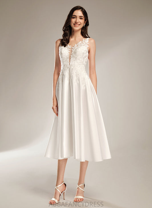 Pockets A-Line With Dress Prudence Lace V-neck Wedding Dresses Tea-Length Satin Wedding