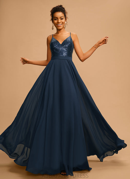 Floor-Length Chiffon V-neck Sequined Sequins Prom Dresses Essence A-Line With