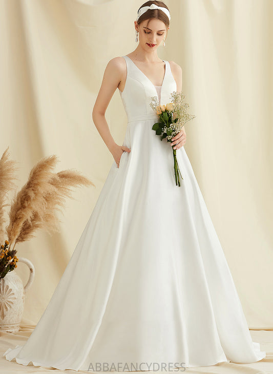 V-neck Lace With Dress Satin Wedding Dresses Wedding Pockets Ball-Gown/Princess Yamilet Train Sweep