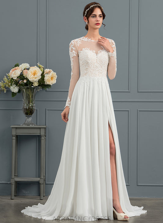 A-Line Wedding Tulle Meg With Appliques Illusion Chiffon Front Train Lace Sweep Split Wedding Dresses Dress