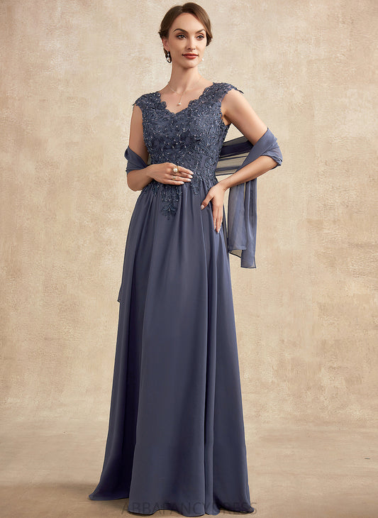A-Line Mother of the Bride Dresses the Beading Bride Floor-Length Chiffon of Lace V-neck Dress Sequins Mylie With Mother