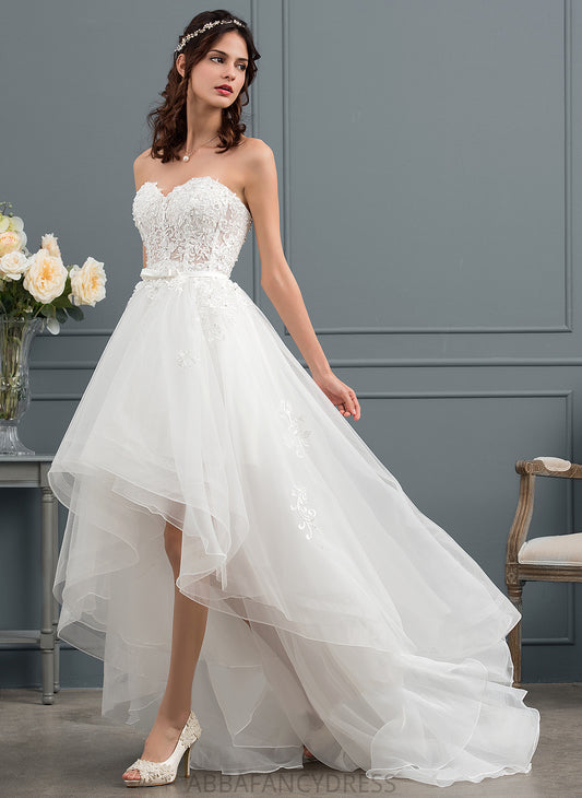 Bow(s) Kristin Wedding Asymmetrical A-Line Lace Wedding Dresses Satin Beading With Dress Sequins Sweetheart Tulle