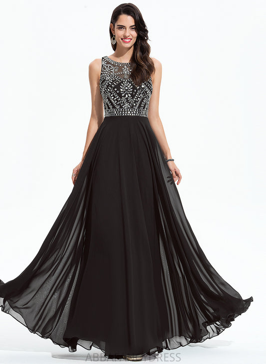 A-Line Desirae With Floor-Length Beading Prom Dresses Scoop Chiffon Sequins