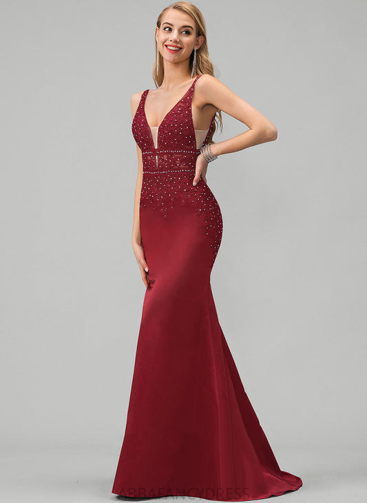 Trumpet/Mermaid Jacqueline With Prom Dresses Sweep V-neck Sequins Satin Beading Train