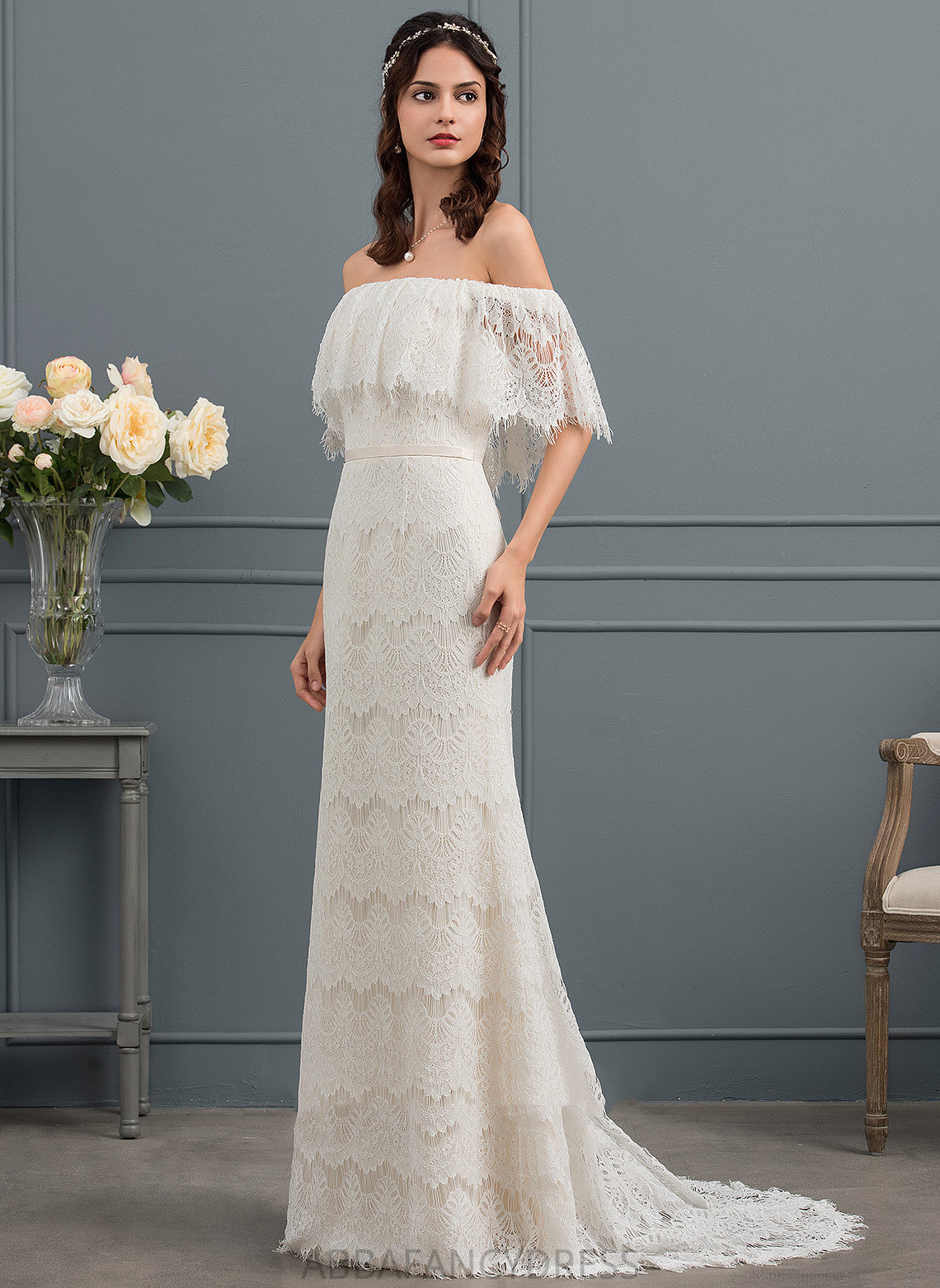 Trumpet/Mermaid Lace Wedding Dresses Wedding Sweep With Train Bow(s) Dress Hayley Off-the-Shoulder