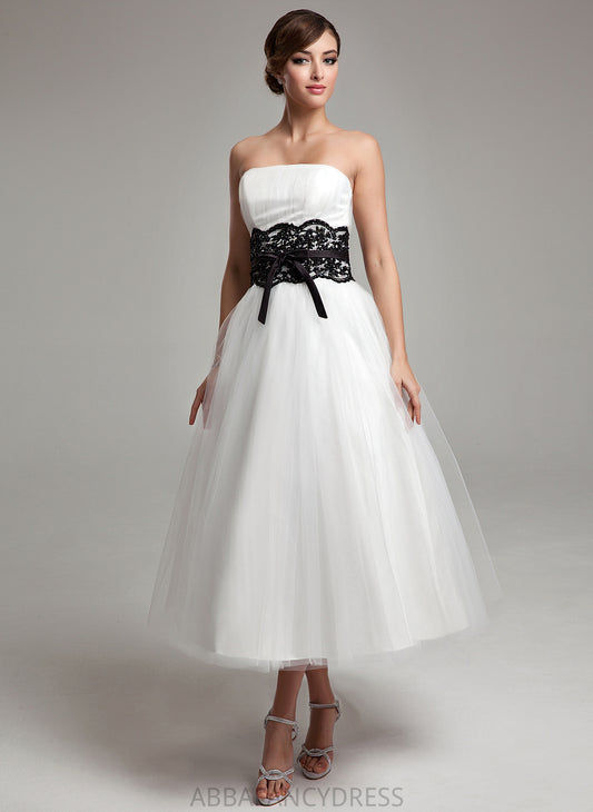 Dress Sash Satin Ball-Gown/Princess Tea-Length Lace Victoria Bow(s) With Beading Wedding Dresses Wedding Strapless Tulle