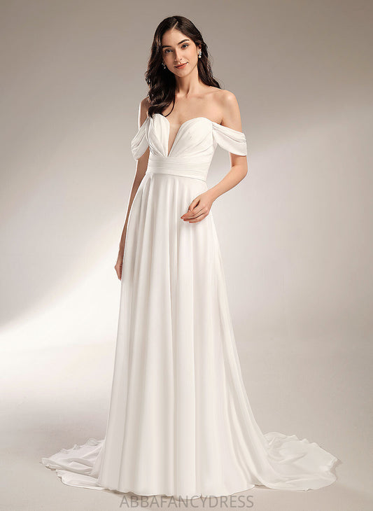 Wedding Dresses A-Line Wedding Court Off-the-Shoulder Dress Pleated With Chelsea Train Chiffon