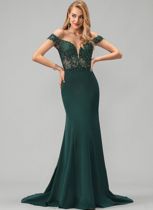 Trumpet/Mermaid Off-the-Shoulder Stretch Aryana Train Sweep Beading Sequins Prom Dresses With Crepe