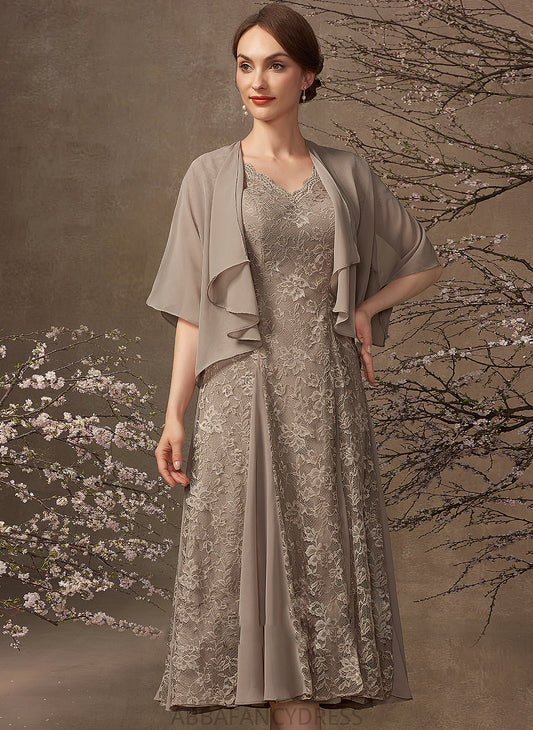 of Tea-Length Mother of the Bride Dresses Bride Chiffon Mother V-neck Dress Keira A-Line the Lace