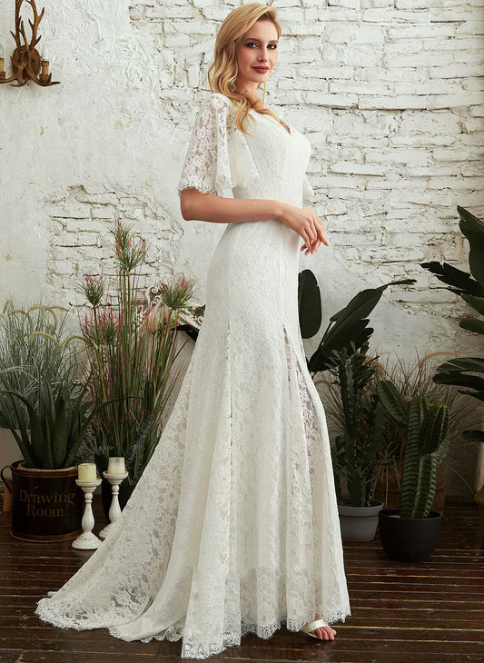 Train Front Dress V-neck Mckinley Split With Wedding Sweep Wedding Dresses Sheath/Column Lace