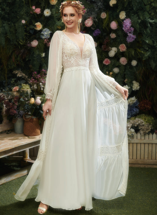 Floor-Length Chiffon Lace With V-neck Wedding Dresses Split Sequins Dress Front Itzel Wedding A-Line