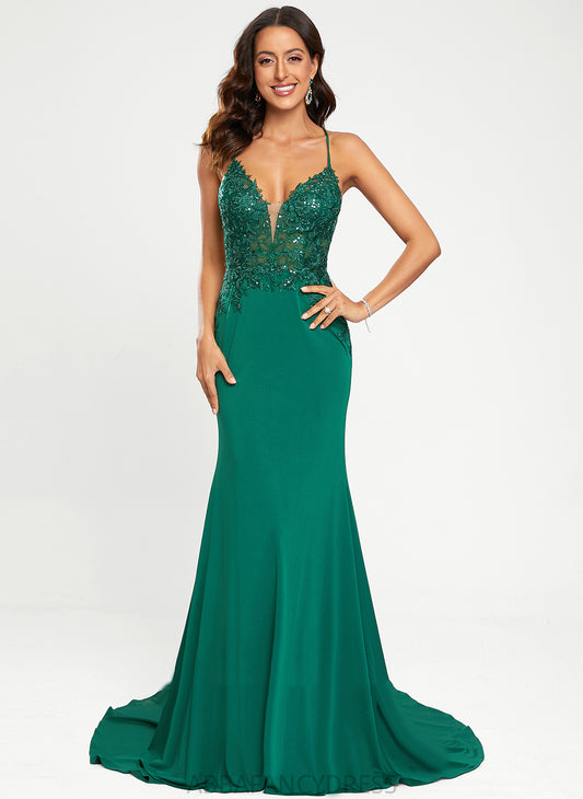 Sequins Prom Dresses V-neck Cristina Jersey Sweep Trumpet/Mermaid With Train