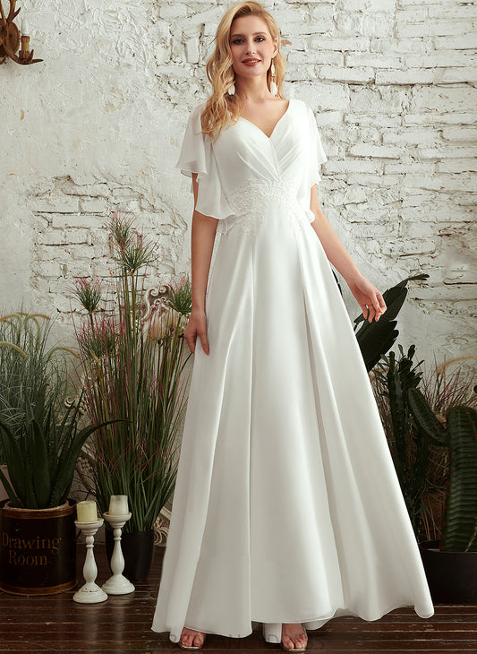 With Floor-Length V-neck Front Dress Lace A-Line Chiffon Wedding Eleanor Split Wedding Dresses