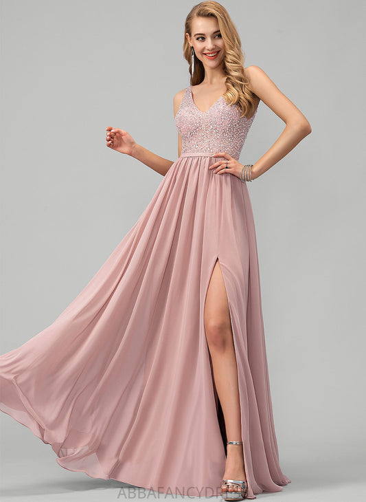 A-Line Sequins With Prom Dresses Beading Madge Chiffon V-neck Floor-Length