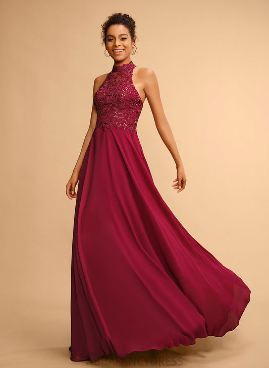 Floor-Length A-Line Prom Dresses Catherine With Sequins Lace Chiffon Halter