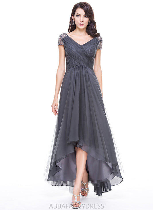A-Line Ava of Bride Ruffle Asymmetrical V-neck Beading Dress Mother Sequins With the Tulle Mother of the Bride Dresses