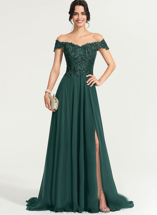 Chiffon Off-the-Shoulder A-Line Sweep With Lace Sequins Julie Train Prom Dresses