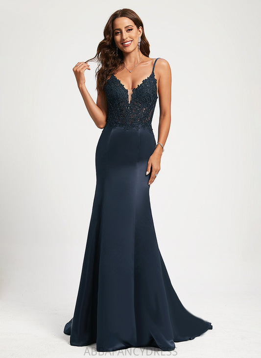Lace Satin Sweep Mollie V-neck Prom Dresses With Trumpet/Mermaid Train Sequins