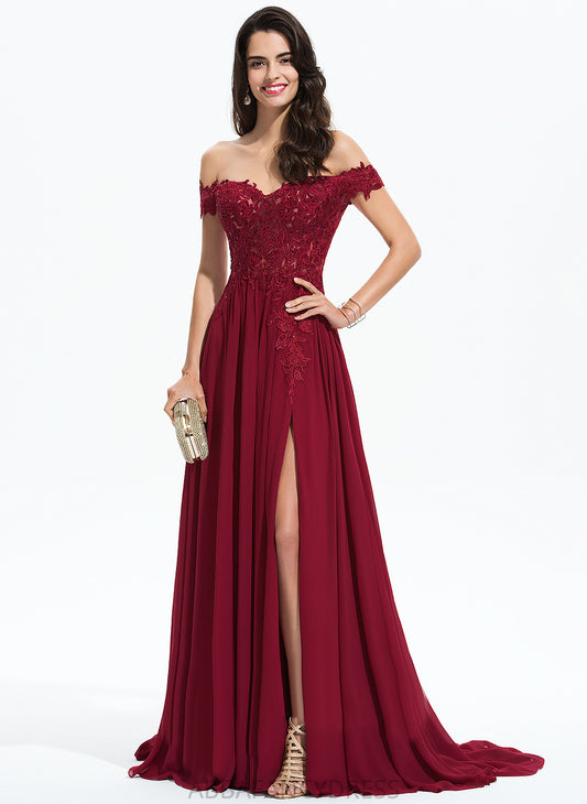 A-Line Off-the-Shoulder Sequins Pam Prom Dresses Sweep With Chiffon Train