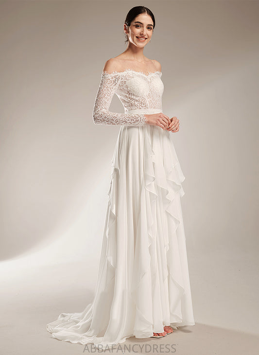 Wedding Dresses A-Line Wedding Train Chiffon Lace Nell Court Off-the-Shoulder With Dress Ruffle
