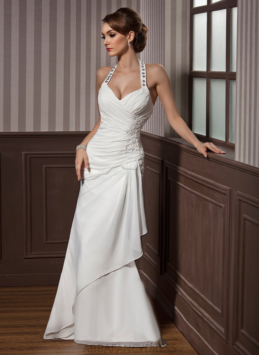 Halter Ruffle Beading Wedding Sequins Dress Appliques Floor-Length Sheath/Column Chiffon Lace Wedding Dresses Camilla With