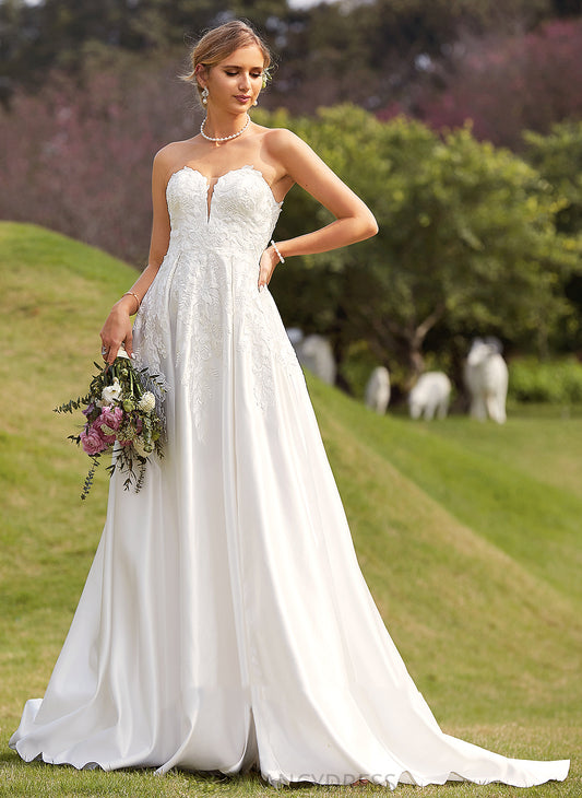 Savanna Ball-Gown/Princess Satin Split With Front Sweetheart Wedding Chapel Train Lace Dress Wedding Dresses