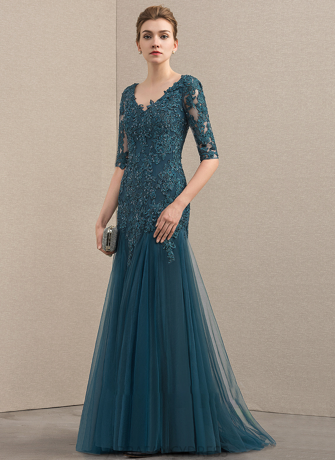 Train Trumpet/Mermaid Lace Sequins Kathleen Tulle of the Mother Bride With Sweep Beading V-neck Mother of the Bride Dresses Dress