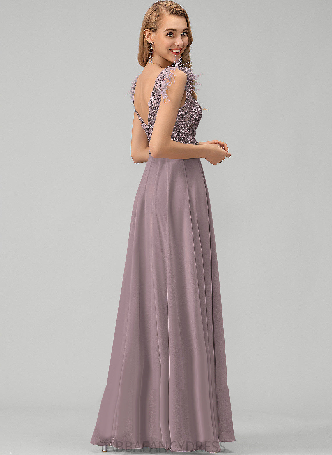 A-Line Feather Chiffon Sequins Flower(s) Patience V-neck Floor-Length Prom Dresses With Beading