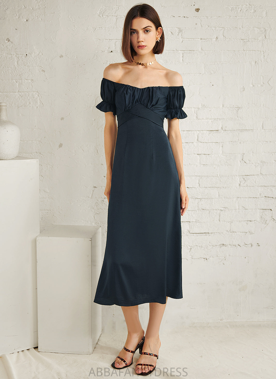 Cotton Dress Lauren Off-the-Shoulder Cocktail Dresses A-Line Cocktail Tea-Length Blends