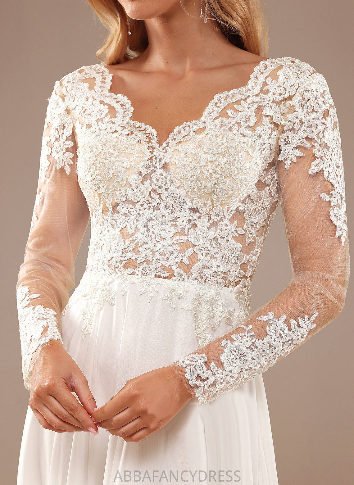 Floor-Length Abbigail Chiffon A-Line Wedding V-neck Sequins Wedding Dresses With Dress Lace