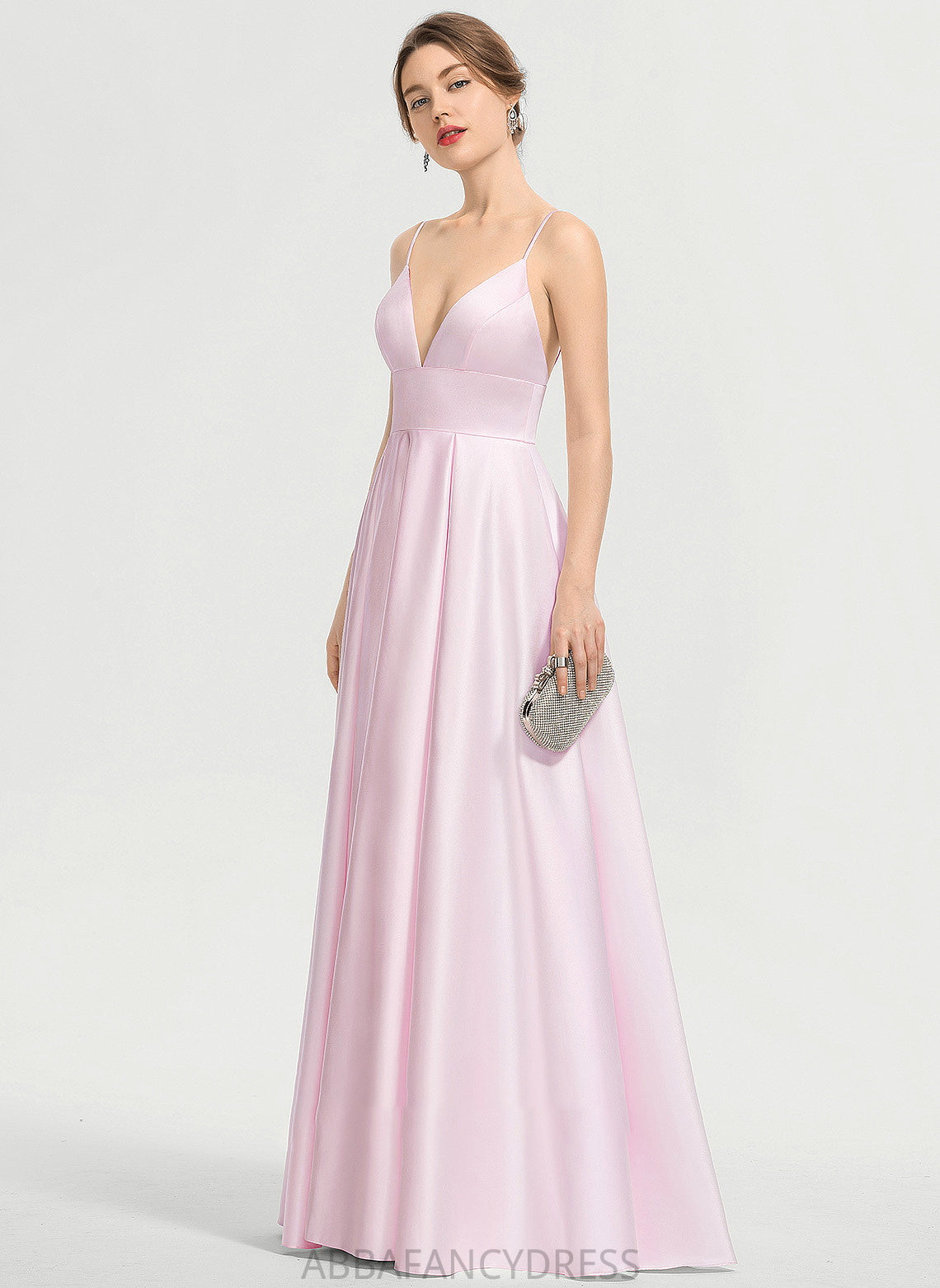 V-neck Salma Floor-Length Pockets Satin Prom Dresses With A-Line