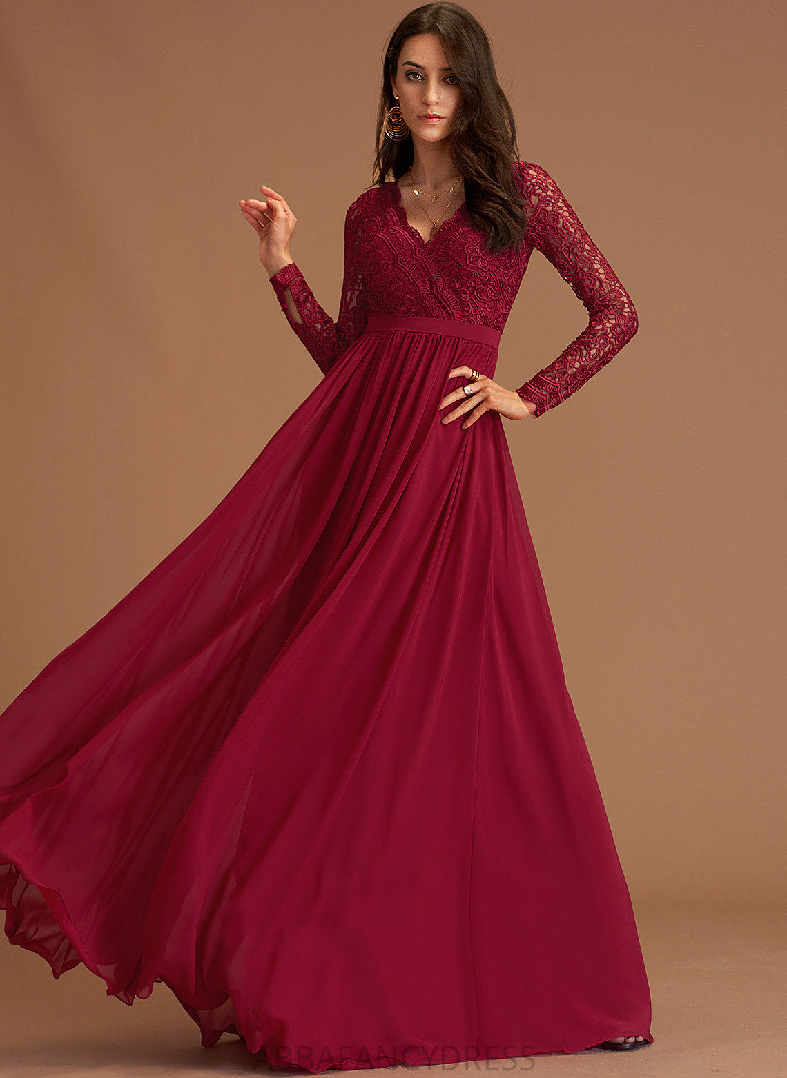 Lace A-Line Zaniyah Floor-Length V-neck Prom Dresses Chiffon