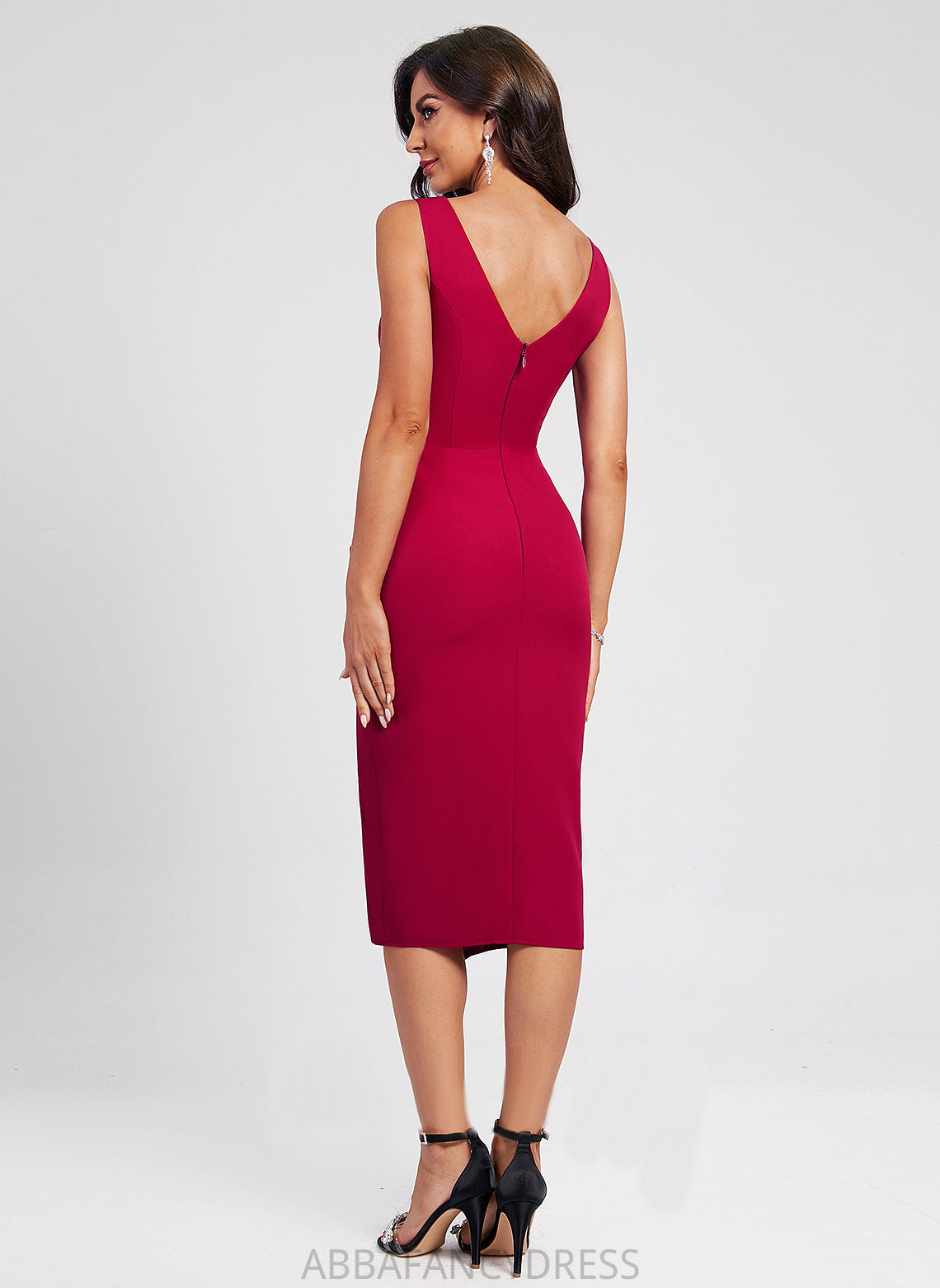 Ruffle Dress V-neck Crepe Aimee Knee-Length Split Bodycon Cocktail With Front Stretch Club Dresses