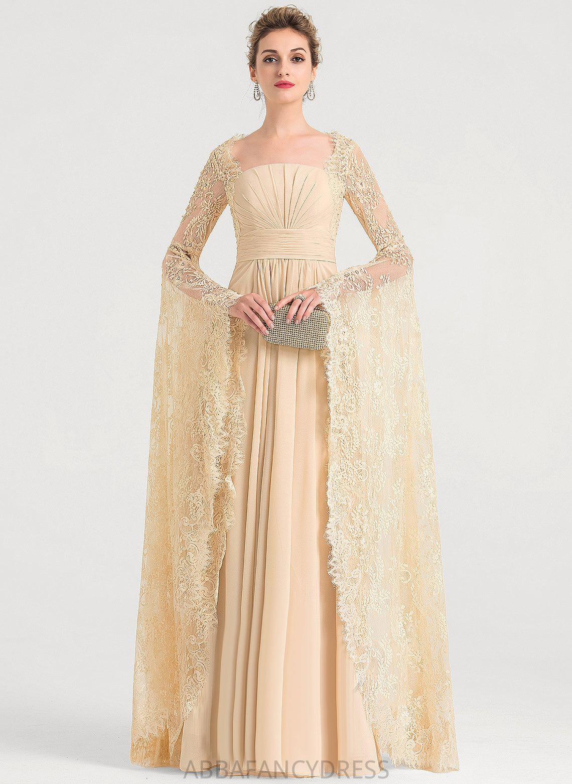 Lace A-Line Wedding Hillary Chiffon With Dress Floor-Length Beading Ruffle Square Wedding Dresses