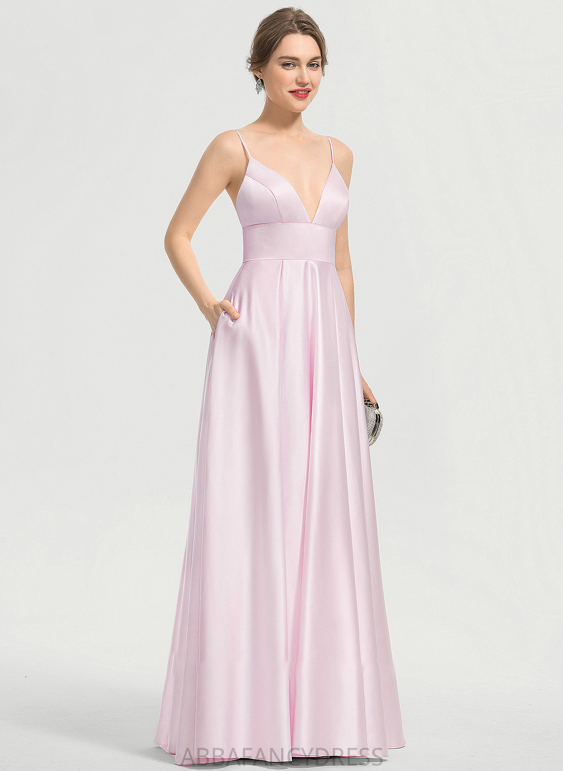 V-neck Salma Floor-Length Pockets Satin Prom Dresses With A-Line