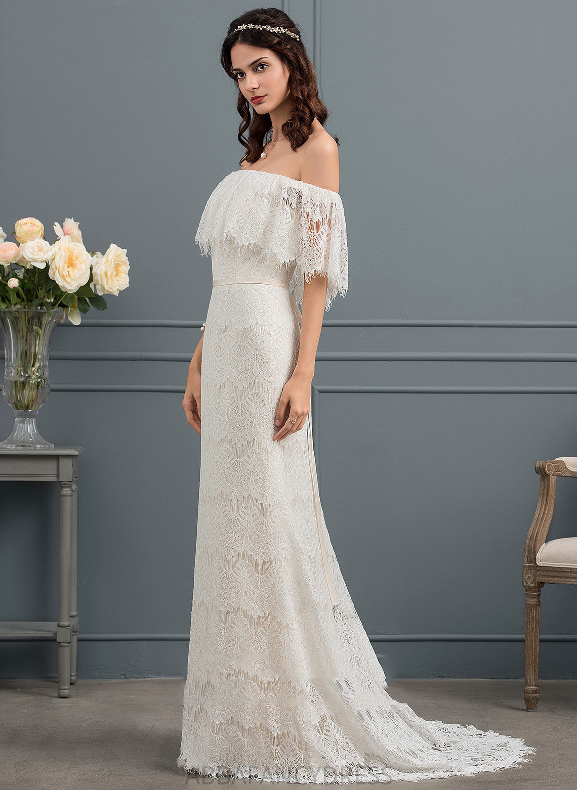 Trumpet/Mermaid Lace Wedding Dresses Wedding Sweep With Train Bow(s) Dress Hayley Off-the-Shoulder
