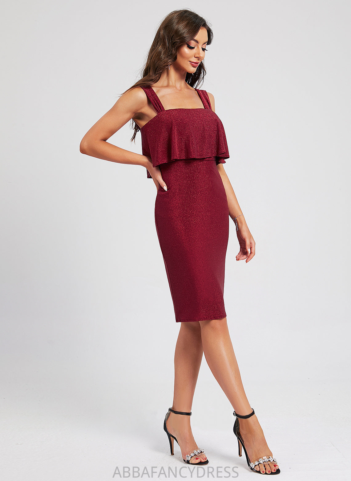 With Cocktail Cocktail Dresses Knee-Length Clare Sheath/Column Dress Polyester Square Ruffle Neckline