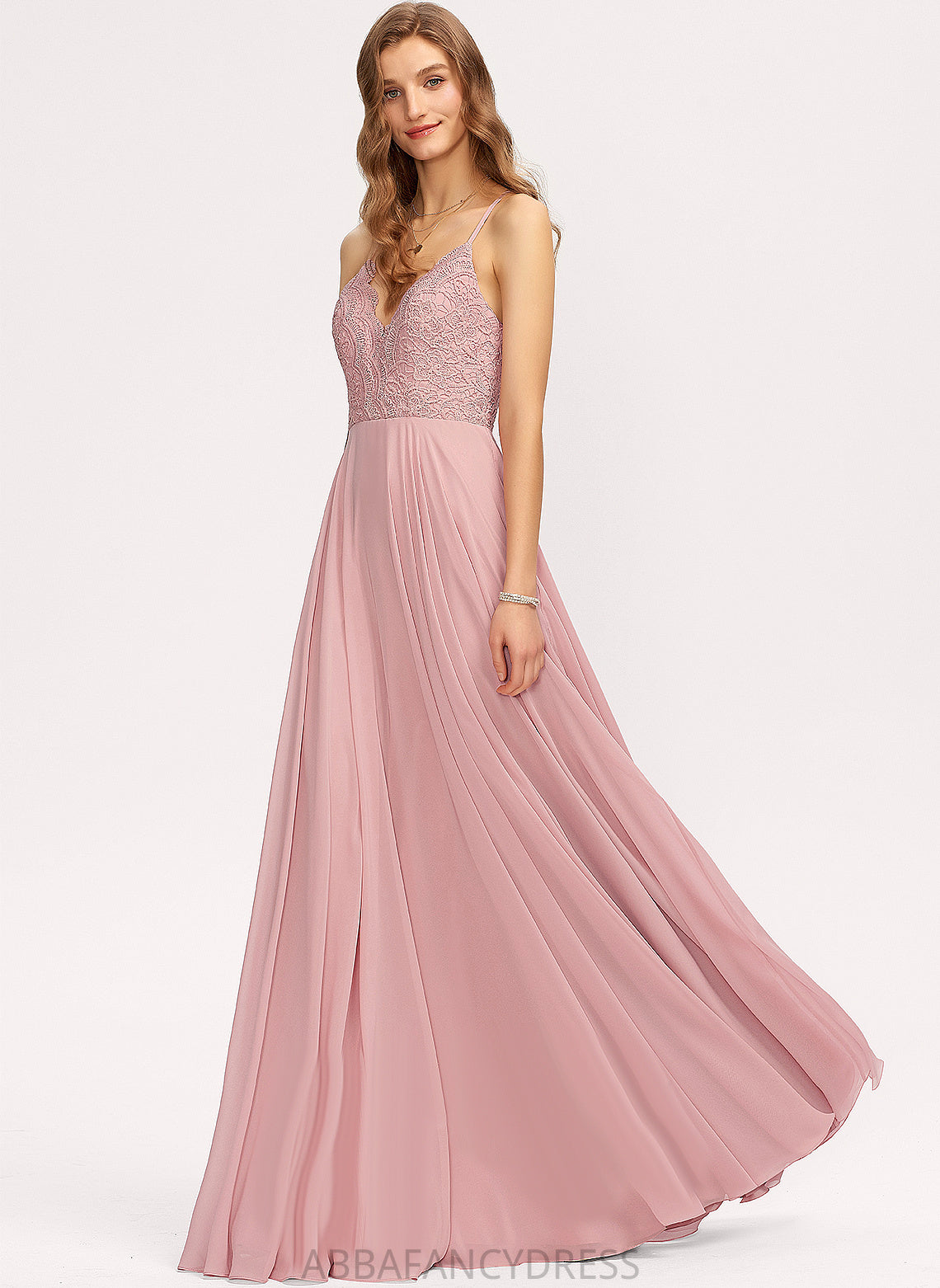Lace Chiffon Floor-Length A-Line V-neck Peggie Prom Dresses