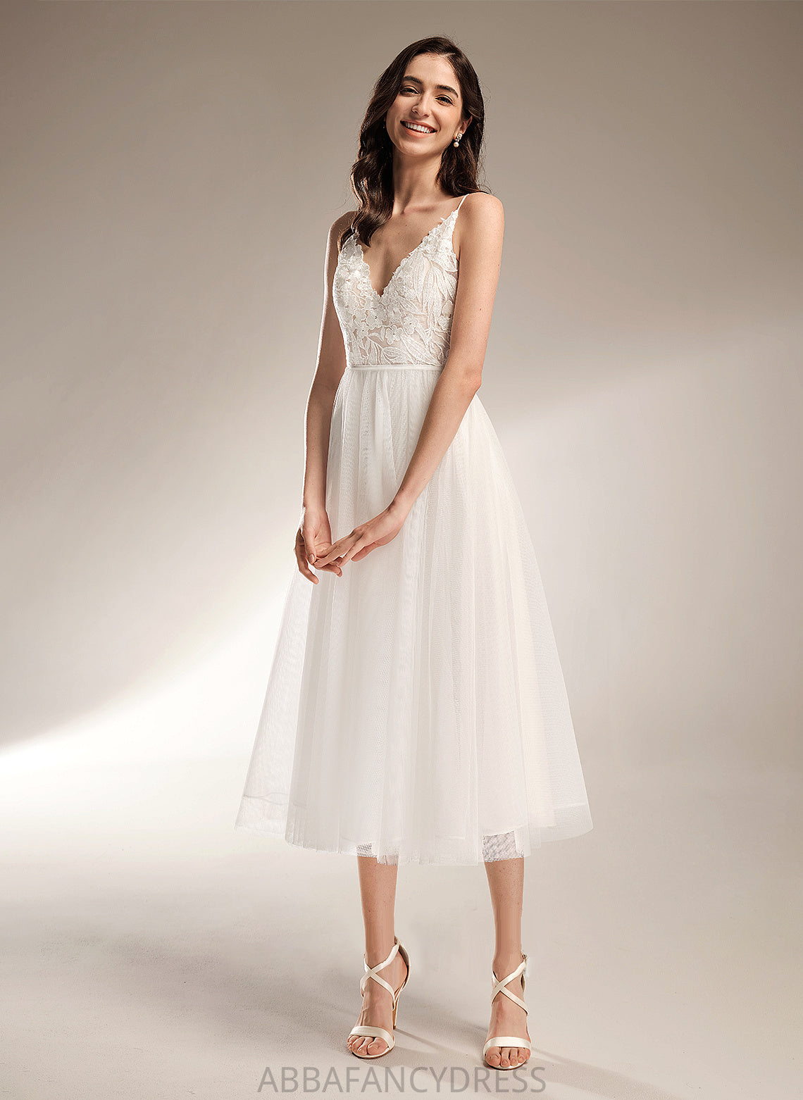 Tea-Length Dress A-Line Wedding Dresses Wedding Kianna V-neck
