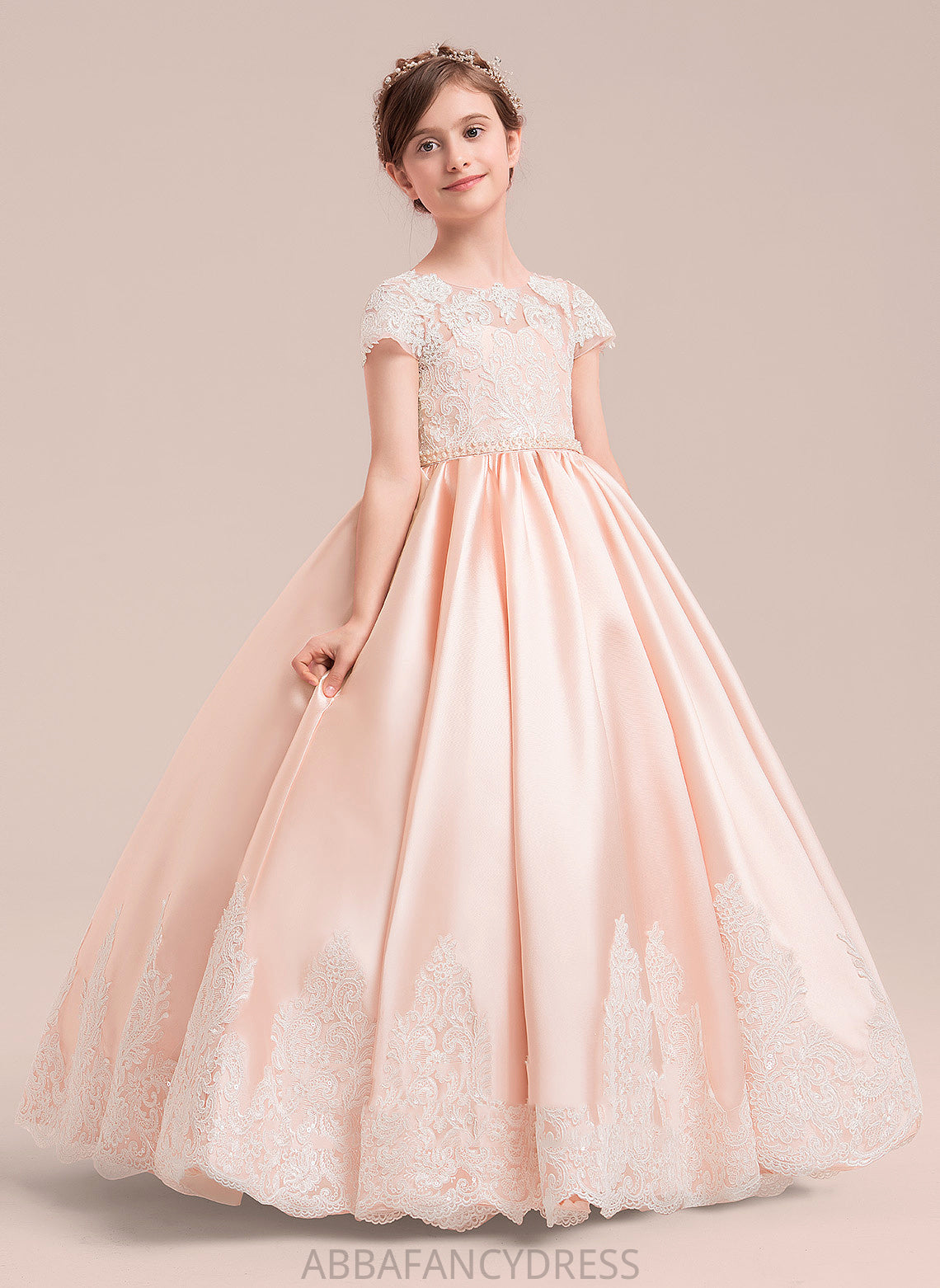 (Petticoat Abby NOT included) Floor-length Ball Sleeves Girl - Gown Scoop With Short Flower Girl Dresses Beading Satin/Tulle/Lace Dress Flower Neck