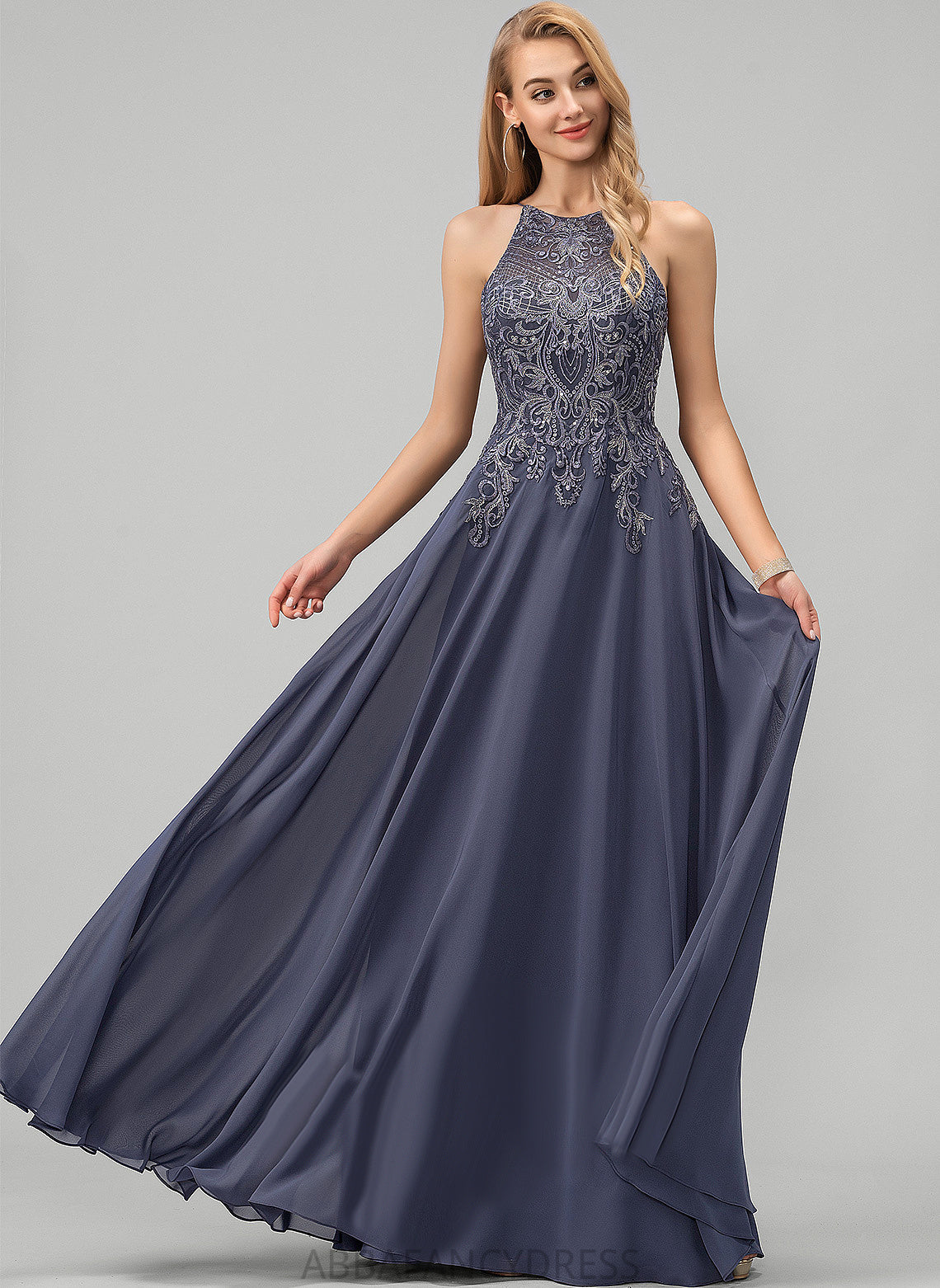 Helena Lace Scoop A-Line With Floor-Length Sequins Prom Dresses Chiffon