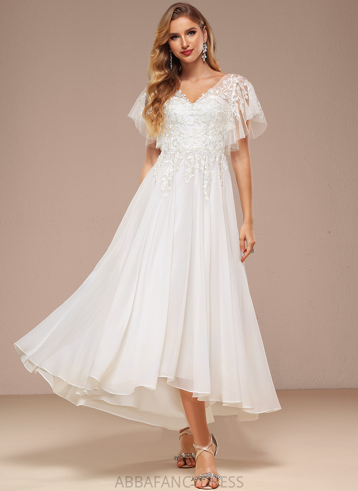 Lace Ruffle A-Line Dress Wedding Asymmetrical V-neck Wedding Dresses Chaya With Tulle