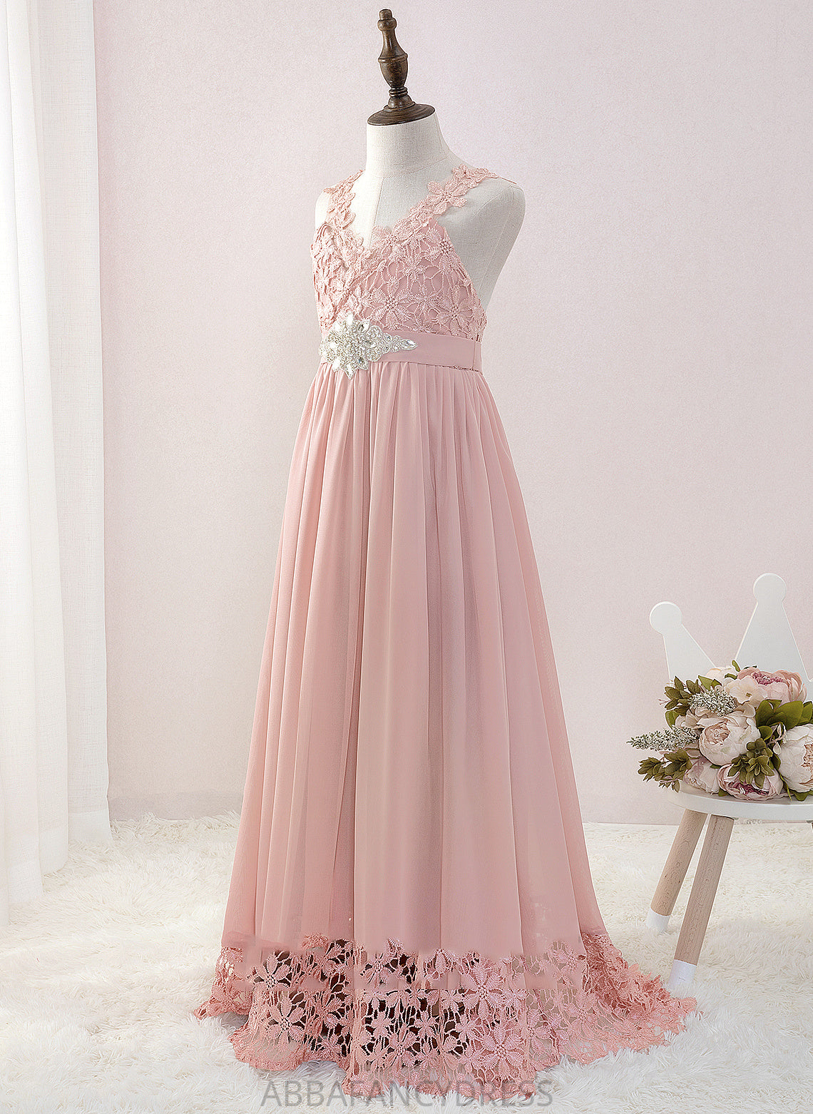 - A-Line Chiffon/Lace Jaidyn Dress With Flower V-neck Sleeveless Floor-length Beading Flower Girl Dresses Girl