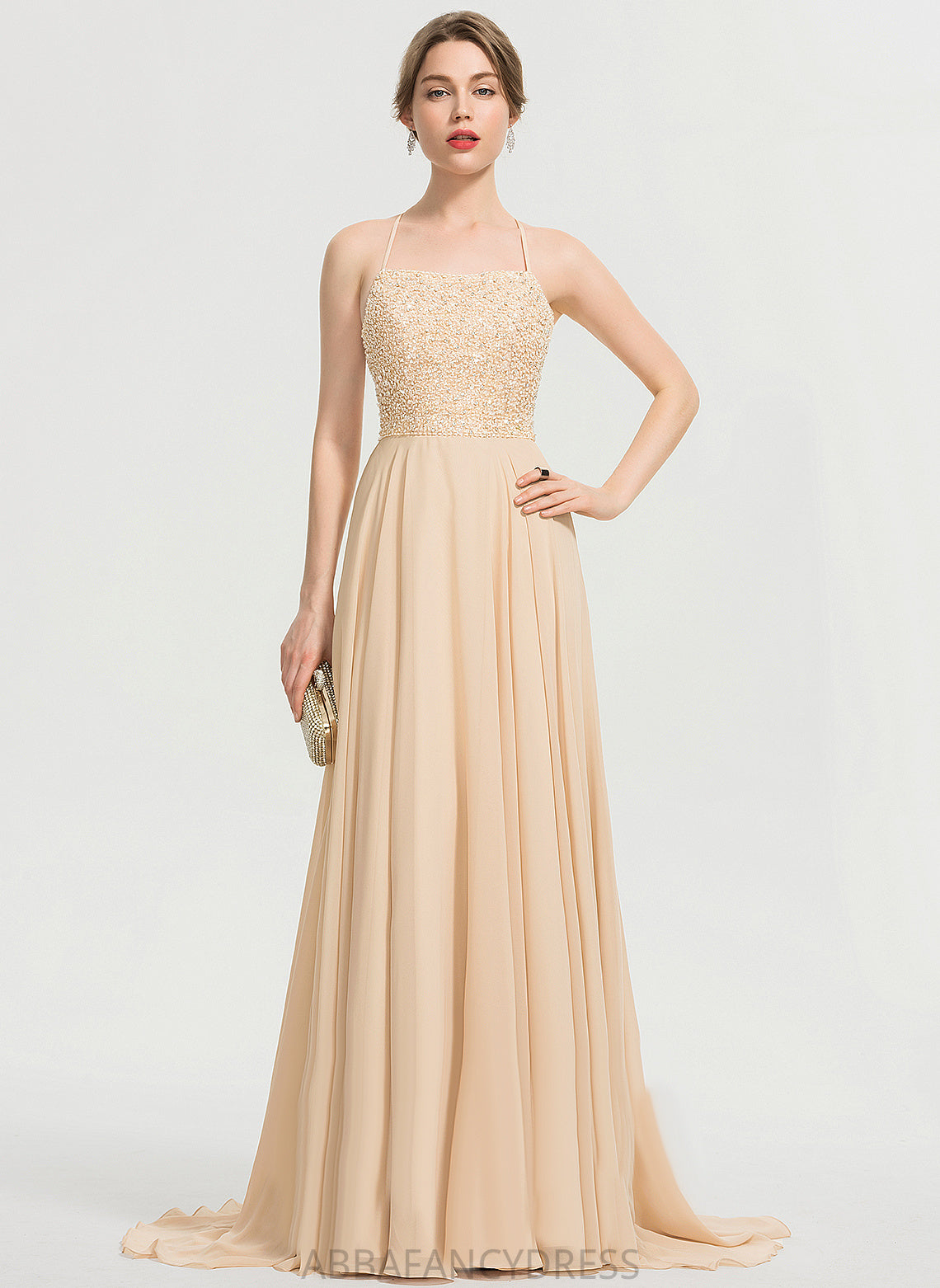 A-Line Beading Sequins Train Jennifer Square Chiffon Prom Dresses Sweep With