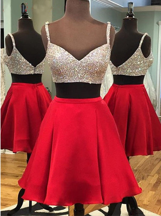 Two Piece Spaghetti Straps Above-Knee Red Homecoming Dresses Kennedi With Sequins Beading