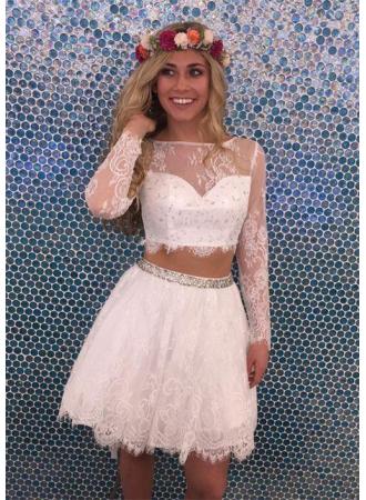 Two Piece Bateau Mariana Lace Homecoming Dresses Long Sleeves White Tulle 2024 With Beading
