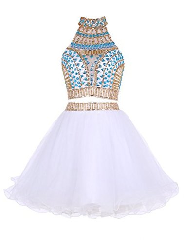 Two Piece High Neck White Aracely Homecoming Dresses Tulle Short 2024 With Beading Rhinestone
