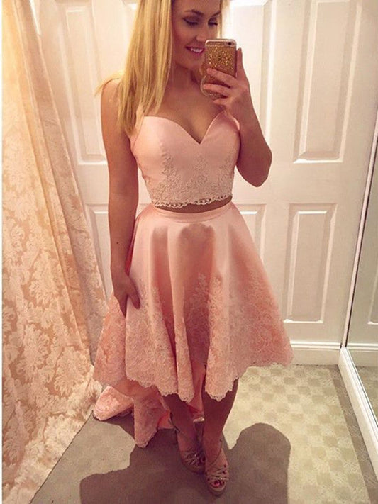 Lace Pink Hayley Homecoming Dresses Satin Two Piece Straps High Low 2024 With